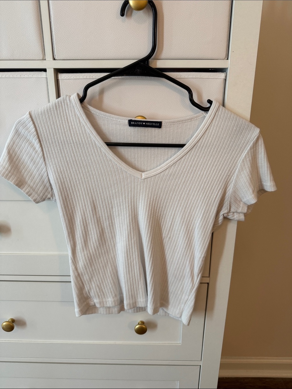 Brandy Melville Cream Ribbed V-Neck Short Sleeve Tee